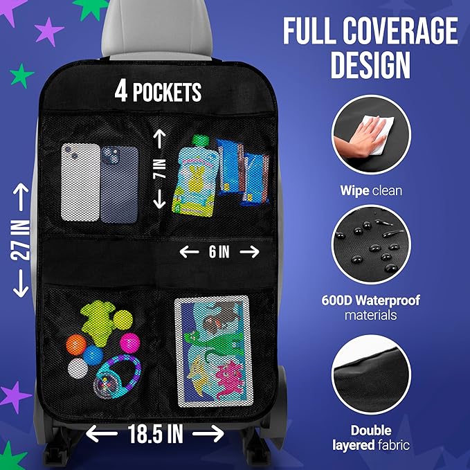 2 Pack Kick Mats Back Seat Protector - Backseat Car Organizer for Kids, Car Storage Organizer, Back Seat Cars Organizers, Cars Organizers Backs Seats, Travel Accessories, 4 Pockets