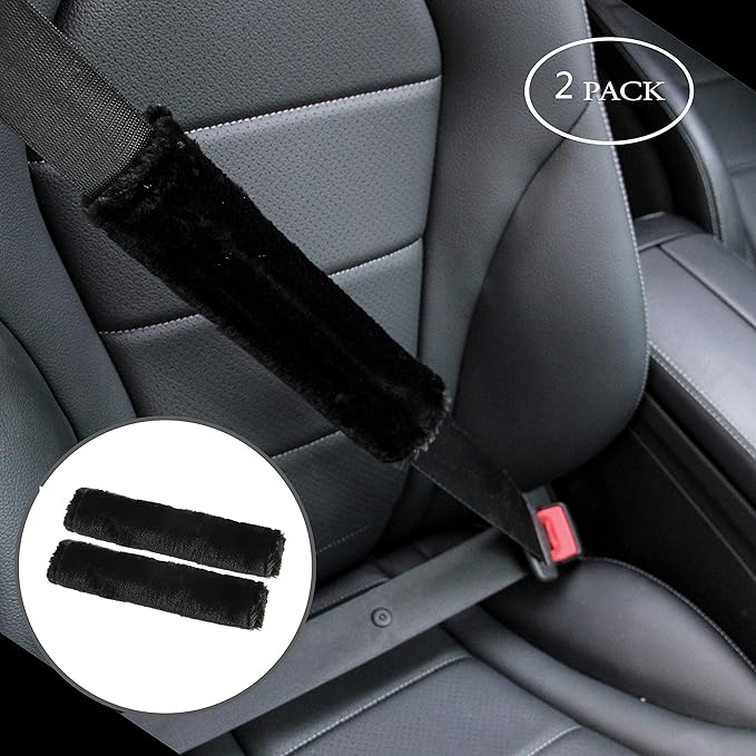 Amooca Soft Faux Fur Universal Fit Seatbelt Cover Car Truck SUV Airplane Seat Belt Shoulder Pad for Carmera Backpack Straps Neck Cushion Protector 2 Pack 10.5in Black