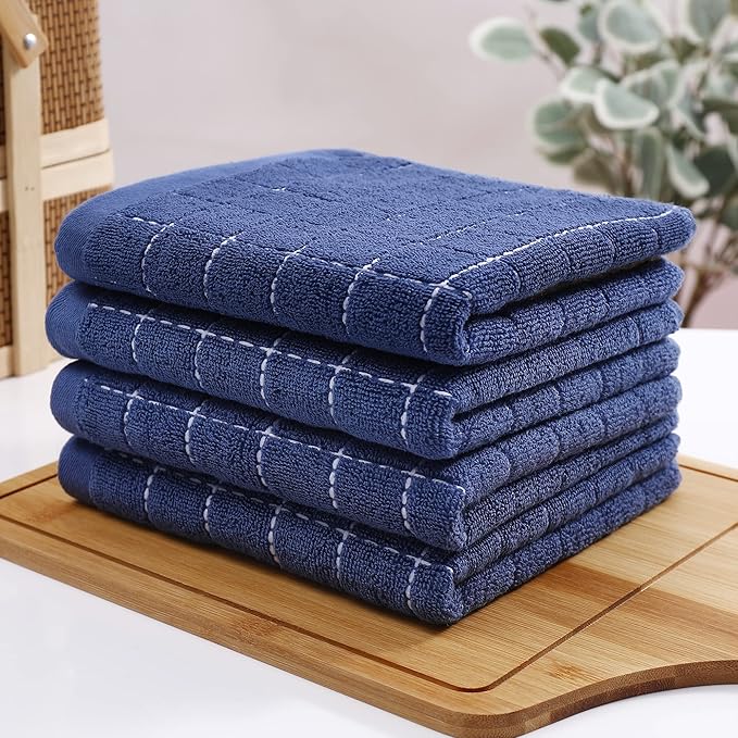 Homaxy 100% Cotton Terry Kitchen Towels(Navy Blue, 13 x 28 inches), Checkered Designed, Soft and Super Absorbent Dish Towels, 18 Pack