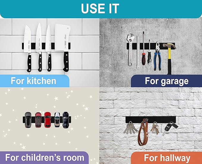 10 Inch Black Magnetic Knife Holder for Wall No Drilling Use as Magnetic Knife Strip - Magnetic Knife Bar - Wall Kitchen Knife Magnetic Holder
