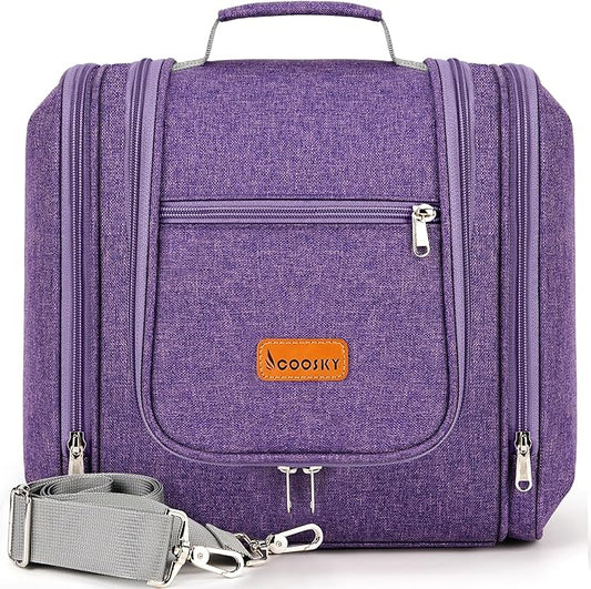 Travel Hanging Toiletry Bag for Women and Men, 6 Organizer Compartments, Holds Full Size Bottles, Extra Large Cosmetic Accessories, Makeup Essentials, Bathroom Water-Resistant Toiletry Bag, Purple