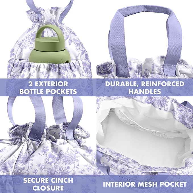 Fit & Fresh Cromwell Drawstring Lunch Bag for Women, Complete Lunch Set with 2 Containers, Stain-Resistant, Leak-Resistant, Back to School Essential, Teacher Lunchbox, Lavender Floral Toile