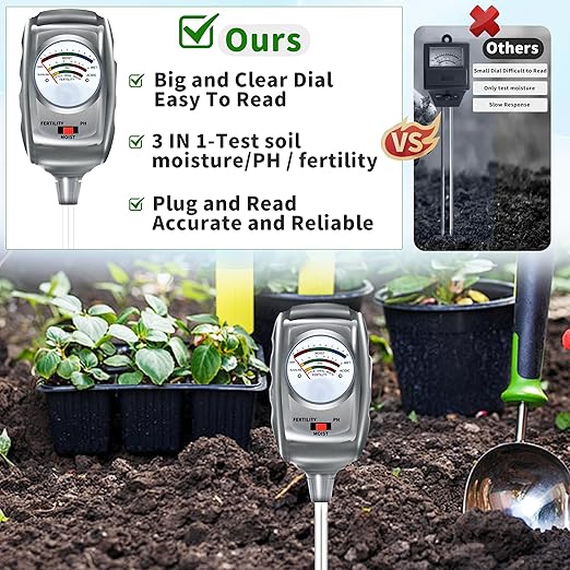 3-in-1 Soil Test Kit, Soil Moisture Meter/Soil ph Meter/Fertility Soil Tester, Soil Hygrometer for Garden,Plant,Farm, Indoor, Outdoor, Lawn Care Moisture Meter for Hous Plants. (Black Silver)