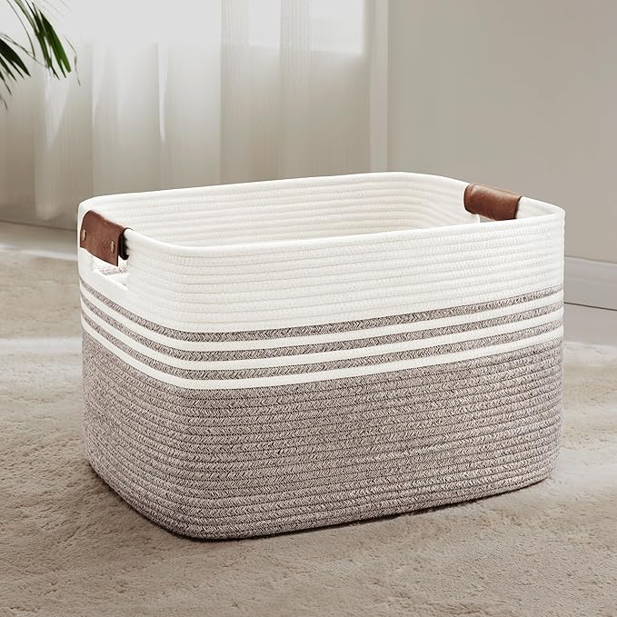 SunNewt 72L Large Laundry Basket with Leather Handles for Living Room Storage, Woven Rope Baskets Bin for Blanket, Kids Toy, Gifts, Wicker Hamper for Bedroom Dirty Clothes, 22"x17"x12" Dark Brown
