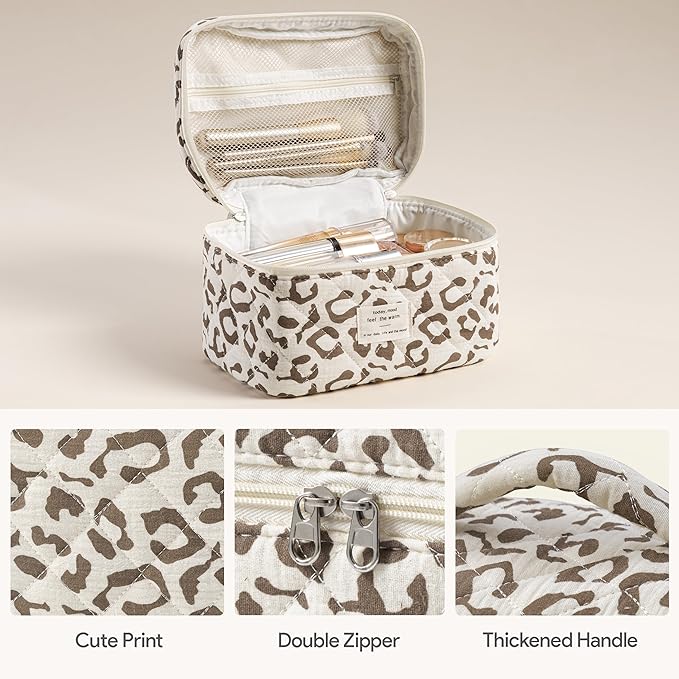 HBselect Quilted Makeup Bag, 3PCS Cotton Large Travel Makeup Bag, Cute Floral Coquette Make up Bag Cosmetic Bag Toiletry Bag for Women Girls