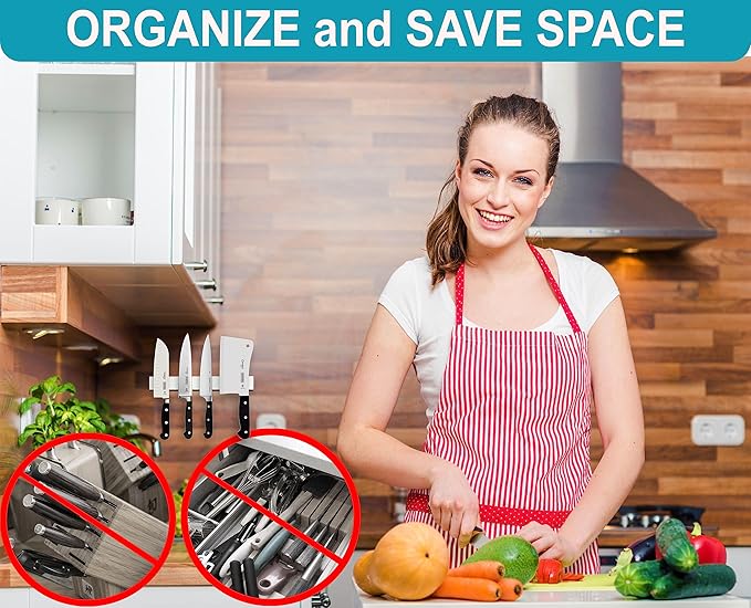 10 Inch White Magnetic Knife Holder for Wall No Drilling Use as Magnetic Knife Strip - Magnetic Knife Bar - Wall Kitchen Knife Magnetic Holder