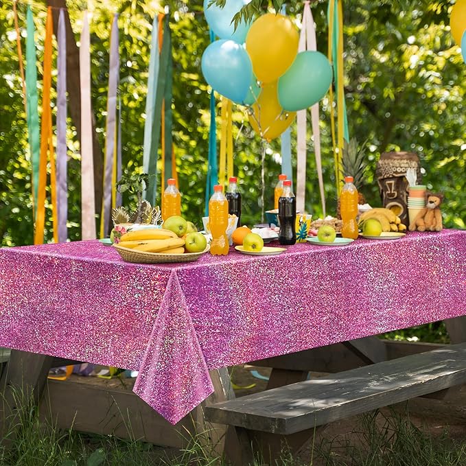 Pink & Pale Pink Holographic Tablecloth - 40" x 108" Valentine's Day & Birthday Party Decor - Iridescent Plastic Table Cloth for Baby Shower & Bachelorette Party