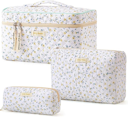 HBselect Quilted Makeup Bag, 3PCS Cotton Large Travel Makeup Bag, Cute Floral Coquette Make up Bag Cosmetic Bag Toiletry Bag for Women Girls