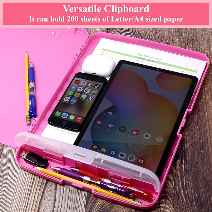 Think2Master Pink Plastic Storage Clipboard with Pencil Holder. | 25% Heavier & 25% Sturdier| Heavy Duty. Must Have for Nurses, Teachers & Classrooms.