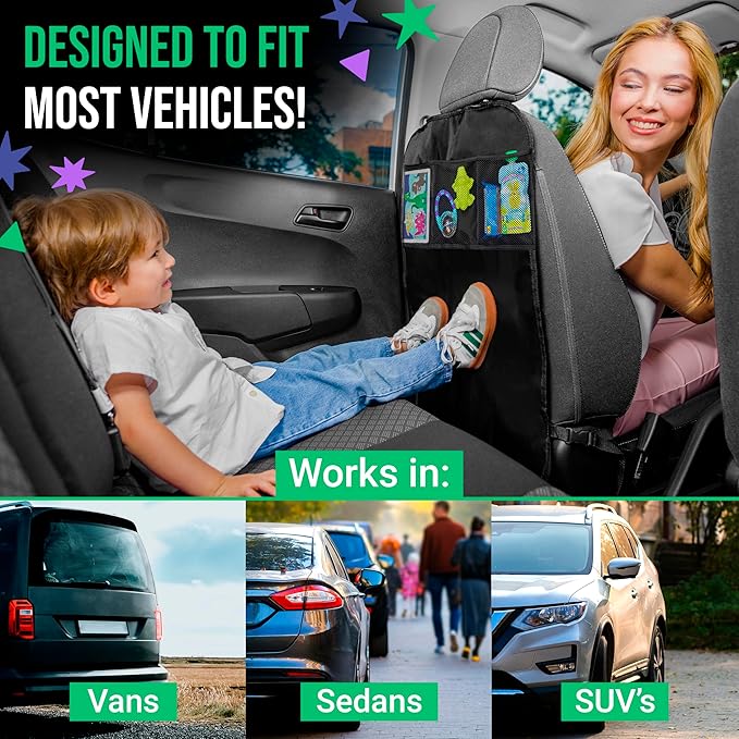 2 Pack Kick Mats Back Seat Protector - Backseat Car Organizer for Kids, Car Storage Organizer, Back Seat Cars Organizers, Cars Organizers Backs Seats, Travel Accessories, 3 Pockets