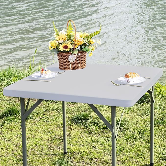 Square Fitted Table Cover Elastic Tablecloth Stretch Spandex Table Top Cover Tables Topper Cap for Dining Kitchen Home Party Silver 36X36 Inch