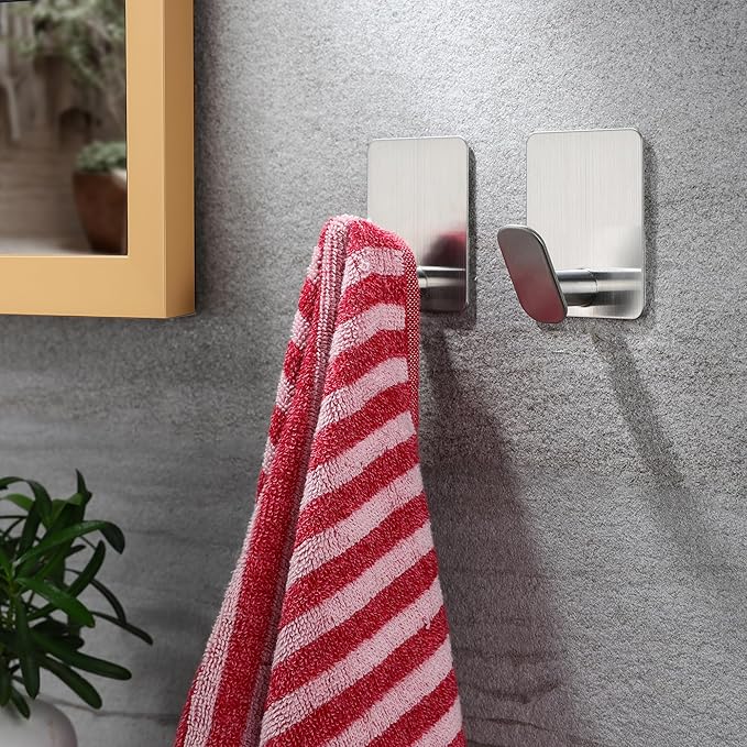 YIGII Adhesive Towel Hooks, 4 Pack Coat Hooks Stainless Steel Stick on Wall Hook for Bathroom/Kitchen, Waterproof Towel Hanger for Robe, Hats