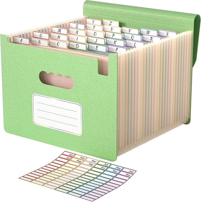 ABC life 26 Pockets Accordion File Organizer, High Capacity Expanding File Folder for Letter A4 Size, Portable Document Holder with A-Z Tabs for Tax Receipt, Teacher & Home Office - Meadow Green