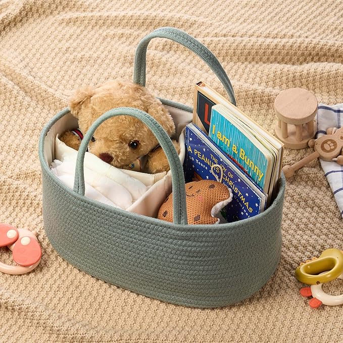 Diaper Caddy Organizer, Empty Gift Basket for Newborn Essentials, Baby Storage Basket, Stylish Gift Bag for Baby Shower, Boys and Girls – Small, Sage Green