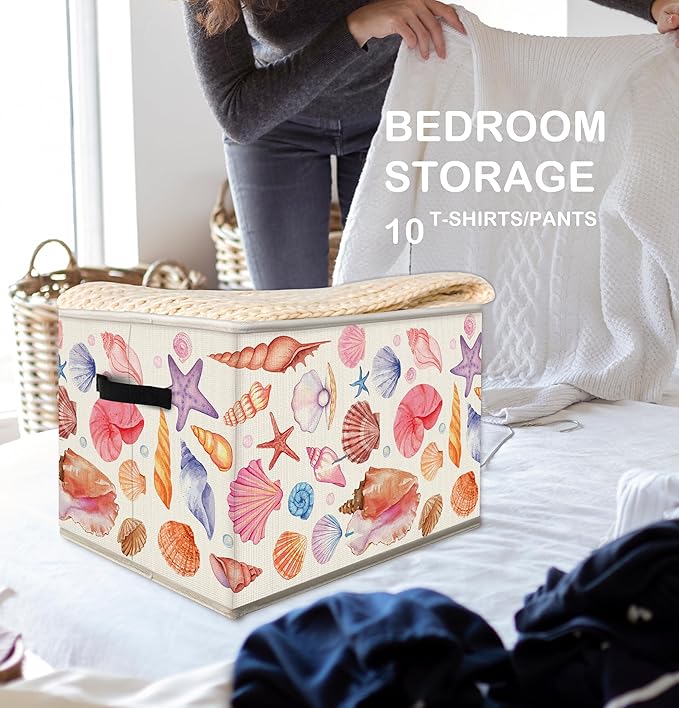 Coastal Beach Storage Bins Box with Handles, Coastal Granddaughter Room Decor, Preppy Pink Starfish Collapsible Fabric Storage Basket Box Organizer for Bedroom Bathroom Clothes Toys Books