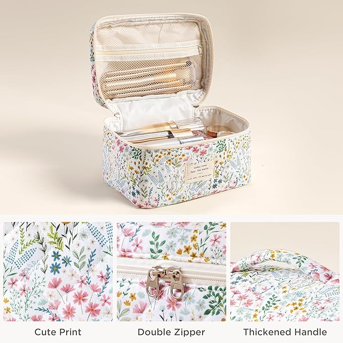 HBselect Quilted Makeup Bag, 3PCS Cotton Large Travel Makeup Bag, Cute Floral Coquette Make up Bag Cosmetic Bag Toiletry Bag for Women Girls