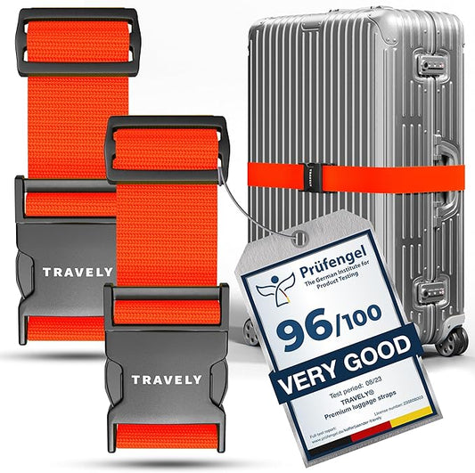 TRAVELY Luggage Straps - Particularly conspicuous & Secure - Incl. 2 Name Tags - Luggage Strap Ideal crosswise - [Set of 2]