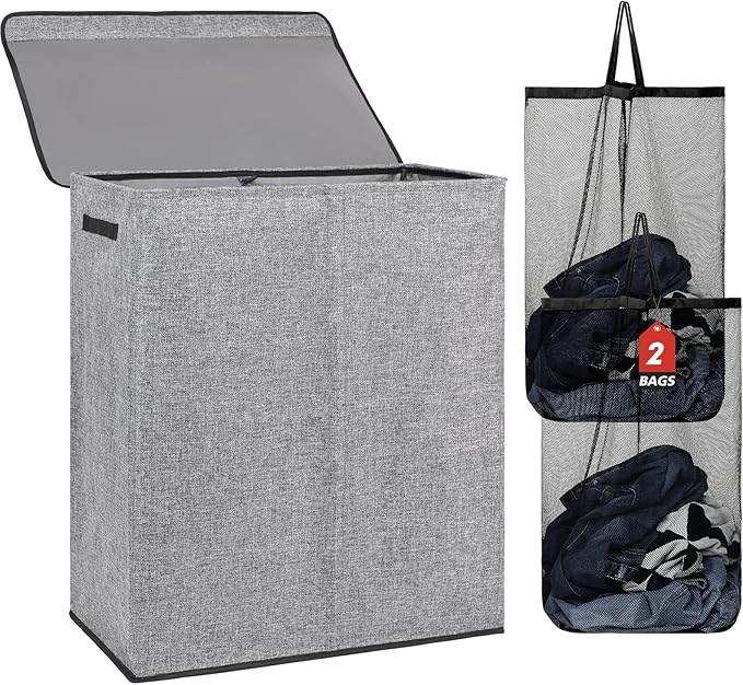 DOKEHOM 150L Double Laundry Basket with Lid and Removable Laundry Bags, Large Collapsible Laundry Hamper with 2 Sections for Bedroom, Bathroom, Laundry Room, College (Grey)
