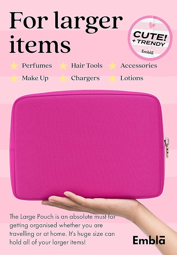 Embla Makeup Bag Travel Cosmetics Pouch and Toiletry Bag, Nylon Zipper Pouch Purse, Cute Make Up Organizer Storage Tote for Women Girls, Waterproof Travel Skincare Case, Large Makeup Bags, Fuchsia