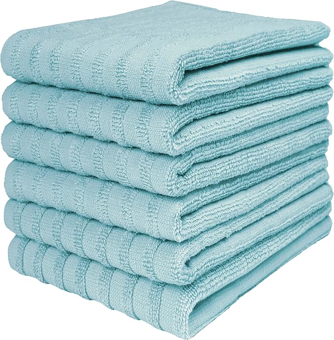 Premium Kitchen Towels (20”x 28”, 6 Pack) | Large Cotton Dish Towels 450 GSM | Highly Absorbent Terry Kitchen Linen Set with Hanging Loop | Aqua Solid