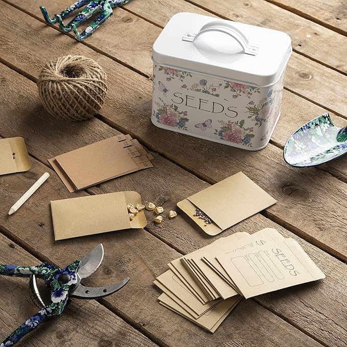 Katai – Seed Storage Box – Durable Metal Organizer for Gardeners with Lid, Monthly Dividers, 20 Envelopes & Pencil – Compact Floral Seed Packet Box