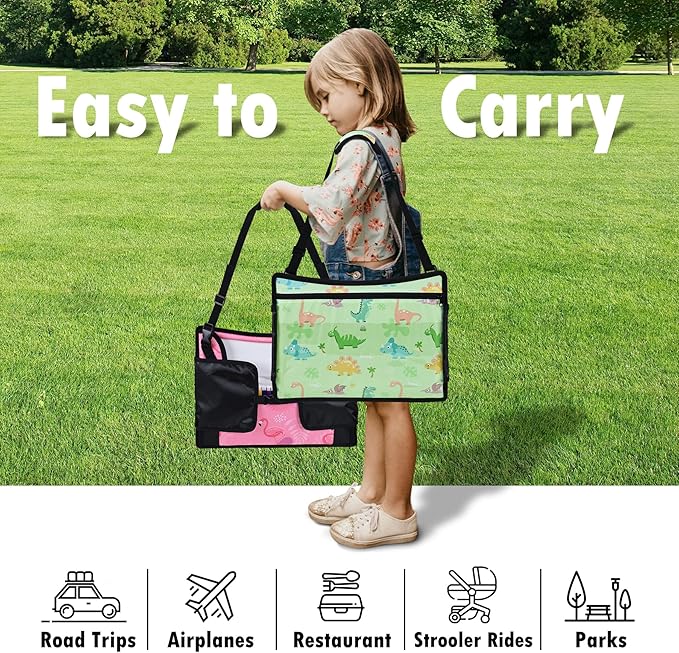 2PCS Kids Travel Tray, Car Seat Tray for kids Travel, Toddler Road Trip Essentials With Drawing Kit, Toddler Lap Desk Organizer for Car, Carseat Table for Airplane