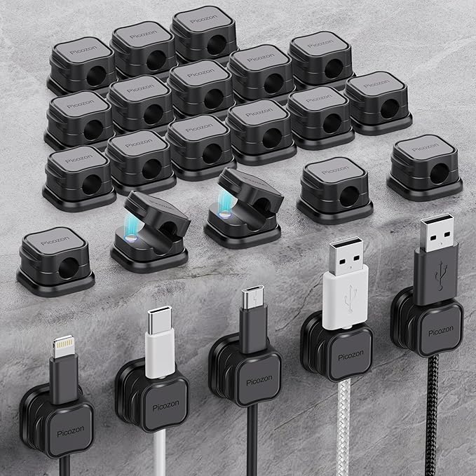 24 Pack Magnetic Cable Clip Organizer Cord Holder, Picozon Adhesive Cable Management, Wire Phone USB Charger Cable Holder, Keeper Organizer for Office Home Desktop Table - Black