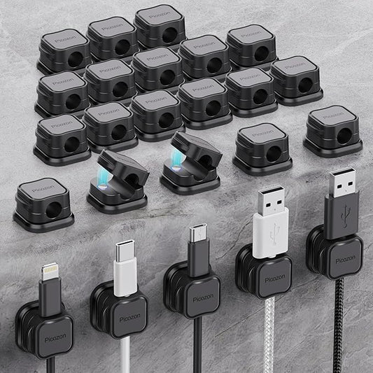 24 Pack Magnetic Cable Clip Organizer Cord Holder, Picozon Adhesive Cable Management, Wire Phone USB Charger Cable Holder, Keeper Organizer for Office Home Desktop Table - Black