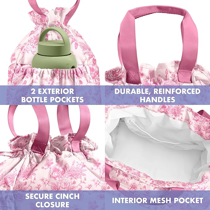 Fit & Fresh Cromwell Drawstring Lunch Bag for Women, Complete Lunch Set with 2 Containers, Stain-Resistant, Leak-Resistant, Back to School Essential, Teacher Lunchbox, Pink Floral Toile