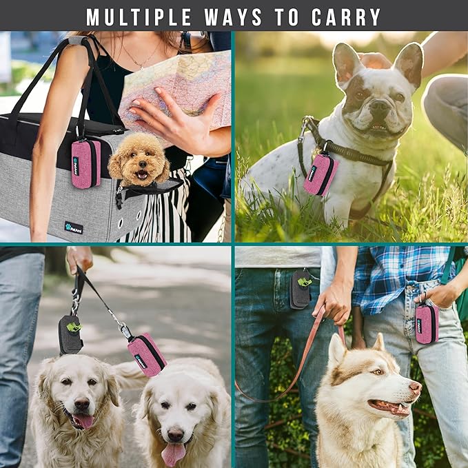 PetAmi Dog Poop Bag Holder for Leash, Dog Treat Pouch Leash, Pet Waste Bag Dispenser with Clip, Doggy Puppy Walking Accessories Supplies with 1 Dog Bag Roll (Pink, 1 Pack)