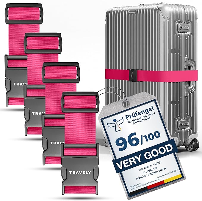 TRAVELY Luggage Straps - Particularly conspicuous & Secure - Incl. 4 Name Tags - Luggage Strap Ideal crosswise - [Set of 4]