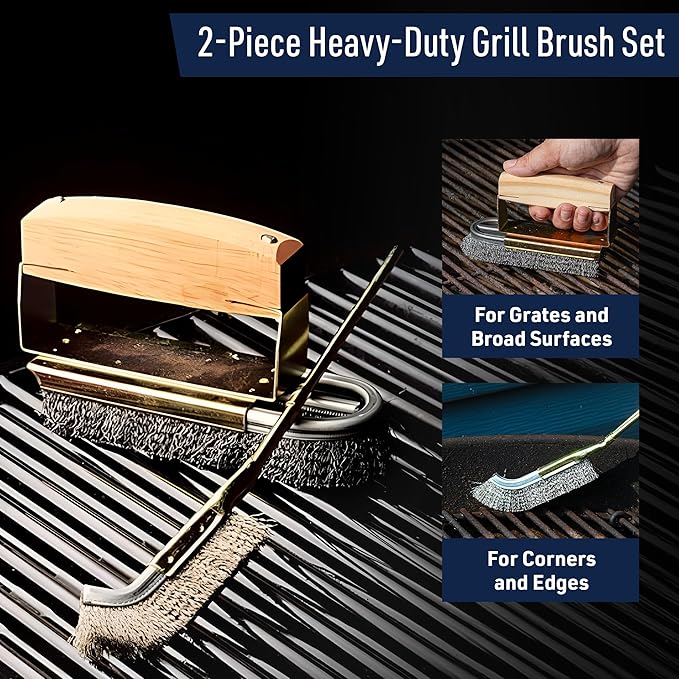 BBQ Grill Brush Set - Large and Small Detailing Grill Cleaner with Stainless Steel Wire Brush BBQ Scrubber Bristles and Ergonomic Handles - Grilling Accessories for Dad by Kings County Tools