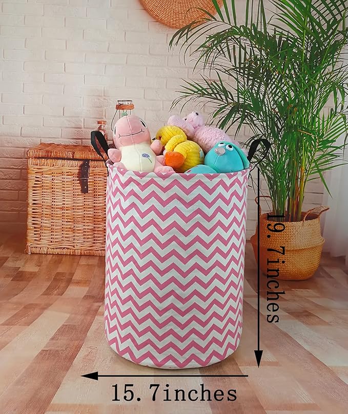Pink Round Laundry Hamper Storage Basket Bins Clothes Nursery Hamper for Home, Gift Storage Bins with Handles