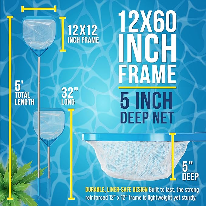 U.S. Pool Supply Pool and Spa Skimmer Net with Pole, Handheld Fine Mesh Pool Leaf Skimmer Net - Hand Held Spa, Hot Tub, Pond Cleaning - Step-Up 32" to 5 Feet Long, 5" Deep Netting, Scoop Skim Leaves