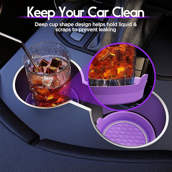 Amooca Car Cup Coaster Universal Non-Slip Cup Holders Bling Crystal Rhinestone Car Interior Accessories 2 Pack Purple
