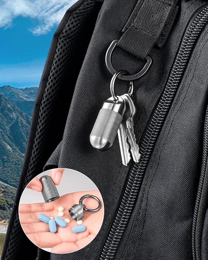 TISUR Titanium Keychain Pill Holder Small Metal Pill Case, Pill Organizer Portable Waterproof Pill Container, Travel Pill Bottle Box for Purse (Large-0.63inch)
