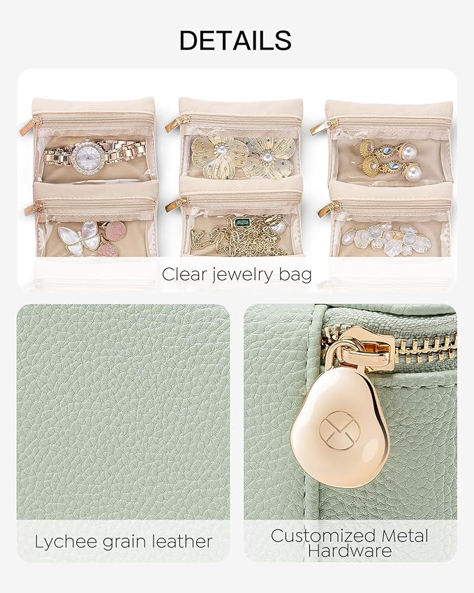 Vlando Jewelry Travel Case, Travel Jewelry Organizer with Clear Velvet Jewelry Bags, 6Pcs Zipper Pouch for Women Girl Gift-Mint Green