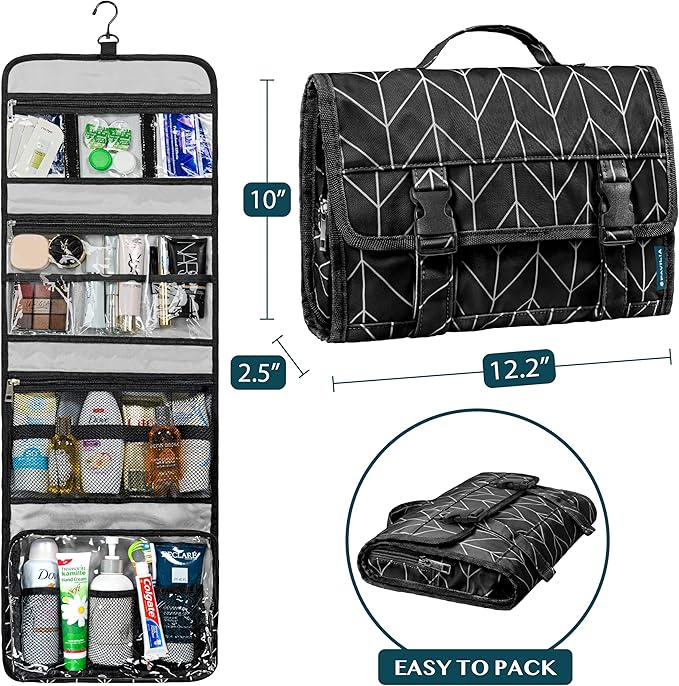 PAVILIA Travel Hanging Toiletry Bag for Women Men, Large Capacity Makeup Bag Kit, Waterproof Cosmetic Storage Organizer Case for Bathroom Shower