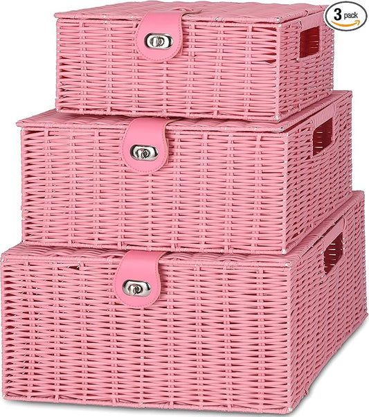 Honygebia Pink Wicker Storage Baskets - Set of 3 Decorative Nesting Boxes with Lids, Woven Basket with Lock & Handle, Organizer for Beauty Makeup Bathroom Decor
