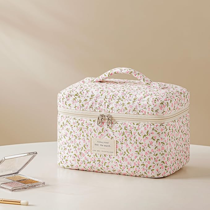 HBselect Quilted Makeup Bag, 3PCS Cotton Large Travel Makeup Bag, Cute Floral Coquette Make up Bag Cosmetic Bag Toiletry Bag for Women Girls