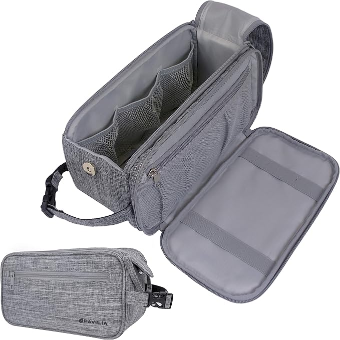 PAVILIA Toiletry Bag for Men, Travel Essentials Shaving Dopp Kit, Men's Travel Bag Toiletries Organizer Case for Grooming, PU Leather Water Resistant Cosmetic Bag Pouch (Heather Grey)