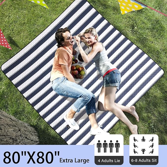 HX&OD Outdoor Picnic Blanket Extra Large, 80”x80” Waterproof Picnic Mat Foldable Camping Blanket Portable with Carry Strap for Beach Mat (Blue)