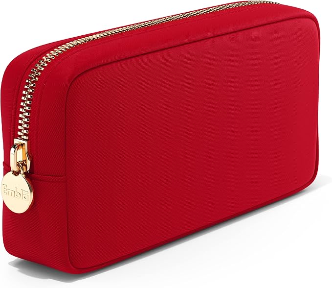 Embla Makeup Bag Travel Cosmetics Pouch and Toiletry Bag, Nylon Zipper Pouch Purse, Cute Make Up Organizer Storage Tote for Women Girls, Waterproof Travel Skincare Case, Small Makeup Bags, Ruby Red