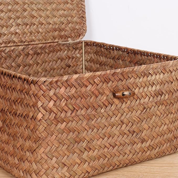 Wicker Shelf Baskets with Lid, Handwoven Seagrass Storage Basket Bins Square Gift Boxes for Shelves Home Decor Organizer (Coffee, Small)