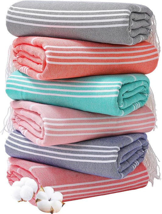 Genovega 6 Oversized Cotton Turkish Beach Bath Towel Set Bulk 74"x38" Extra Large Sand Free Quick Dry Swimming Camping Pool Clearance Towels Blanket Essentials Adult Multi Orange Stripes