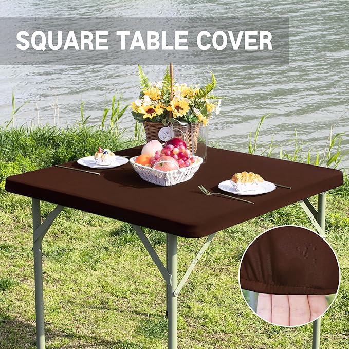 Square Fitted Table Cover Elastic Tablecloth Stretch Spandex Table Top Cover Table Topper Cap for Dining Kitchen Home Party Brown 34X34 Inch