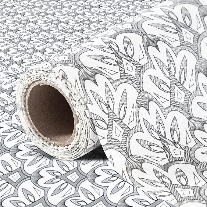 FIFTY FEET 18"x96" Non-Adhesive Shelf Liner for Kitchen Cabinets and Drawers, Washable Non-Slip PVC Cabinet Liner (Black Floral)(1 Roll)