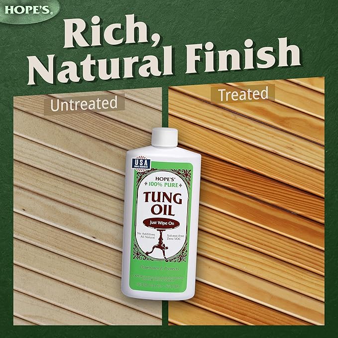 HOPE'S 100% Pure Tung Oil, Food Safe, Premium Waterproof Natural Wood Finish and Sealer for Indoor and Outdoor Projects,16 Fl Oz, 2 Pack