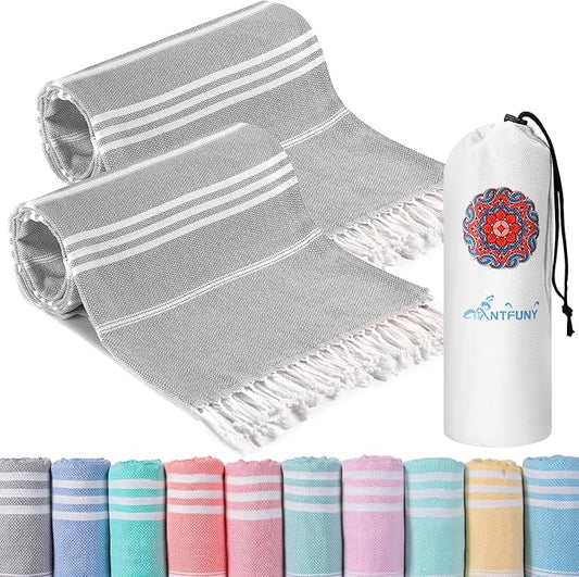2 Pack Turkish Beach Towels Quick Dry Sand Free Soft Absorbent Extra Large XL Big Blanket Adult Oversized Bath Pool Swim Towel Lightweight Thin Fast Drying Compact No Sand Packable Vacation Essentials