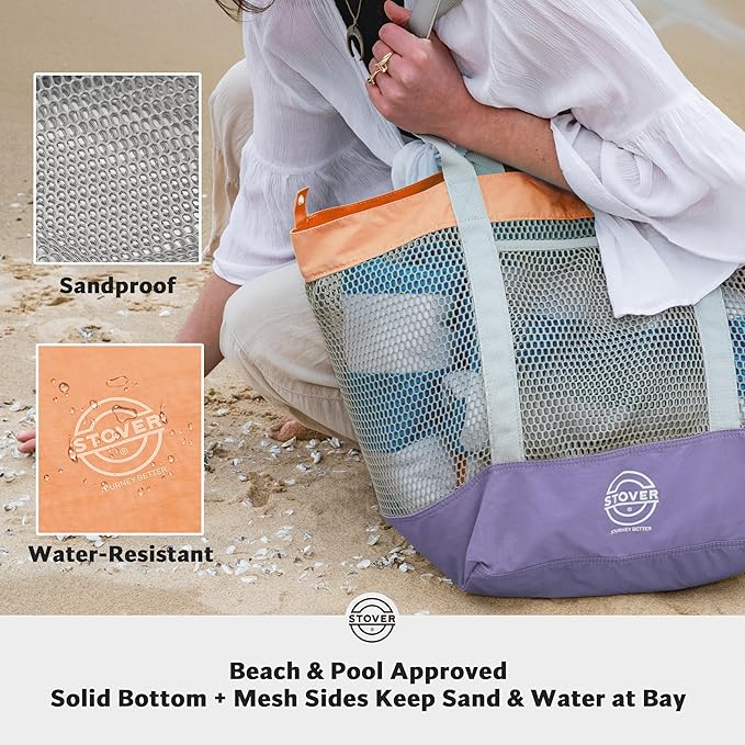 STOVER Large Mesh Beach Bag, Vacation, Pool, Shopping, & Travel Tote - Foldable w/Storage Pockets for Women, Men & Families